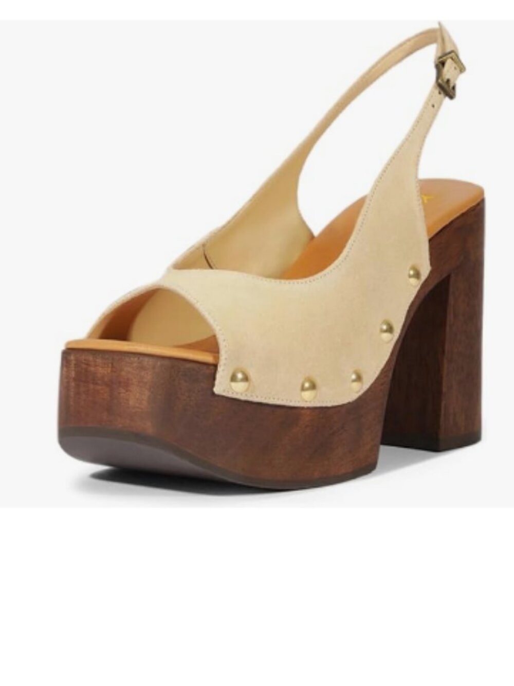 YDN Beige Rivet Studded Platform Chunky High Heel Sandals Slingback Buckle Shoe